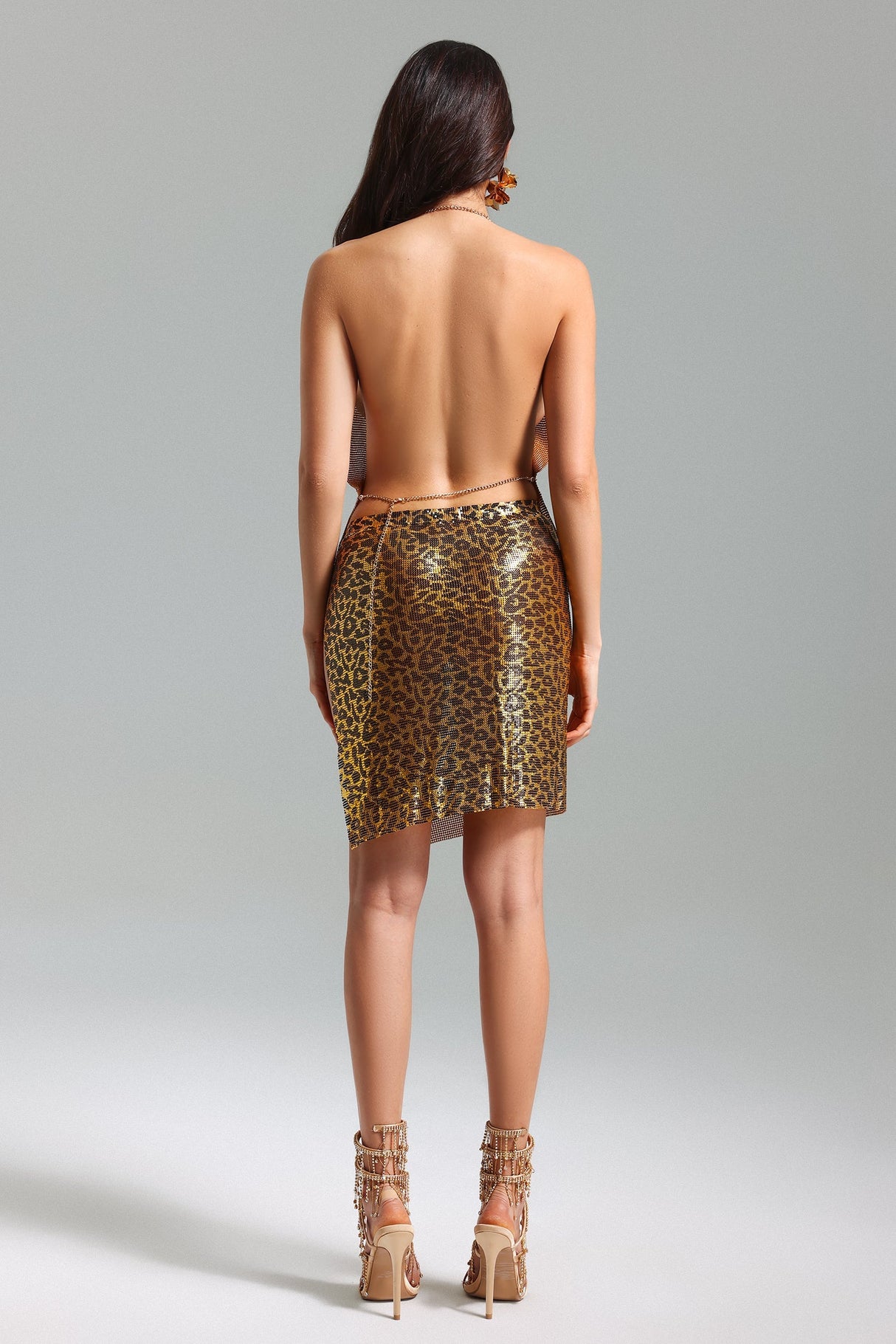 Debora Gold Leopard Print V-Neck Dress with Cut-Out Detailing