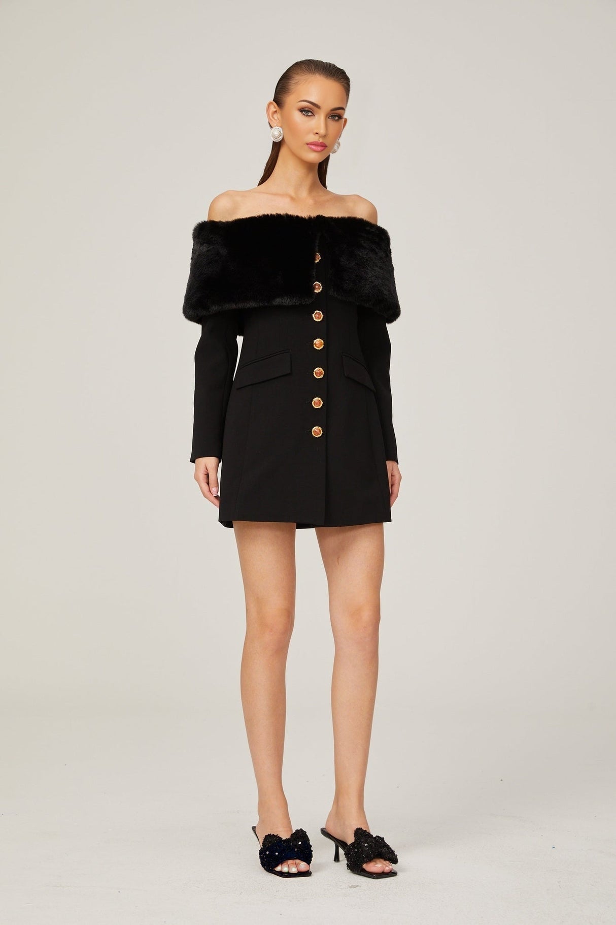 Debora Mini Dress - Off - Shoulder Suede Shawl Design - Faux - Fur Trim - Stone - Embellished Buttons