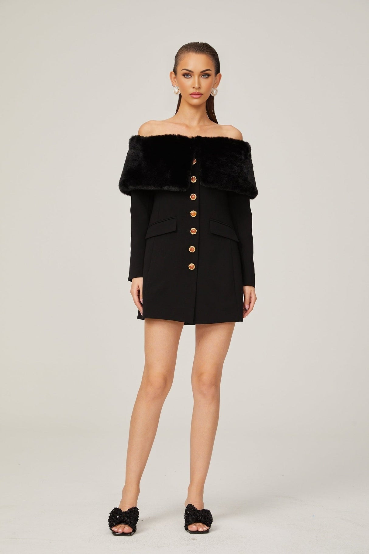 Debora Mini Dress - Off - Shoulder Suede Shawl Design - Faux - Fur Trim - Stone - Embellished Buttons