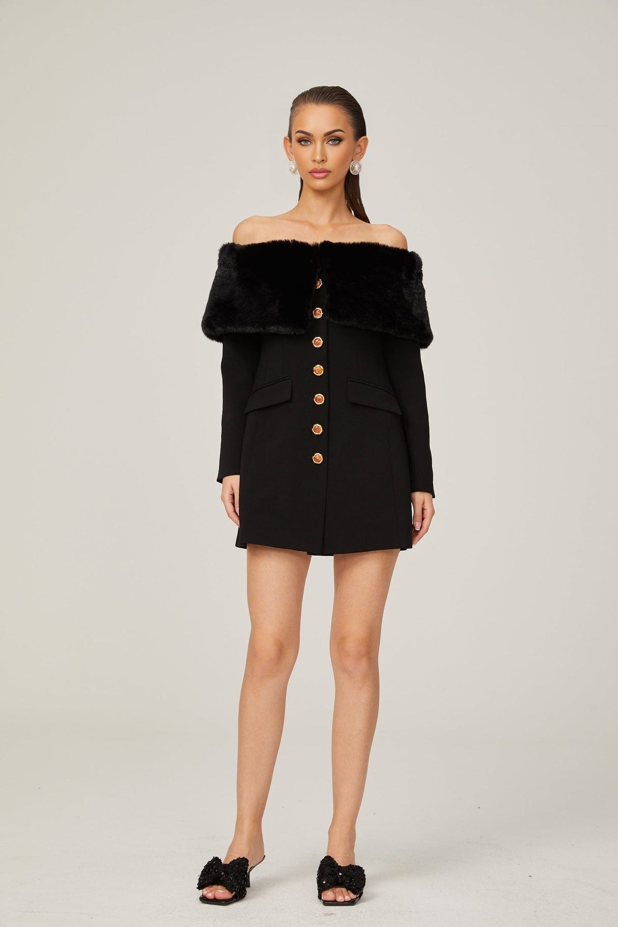 Debora Mini Dress - Off - Shoulder Suede Shawl Design - Faux - Fur Trim - Stone - Embellished Buttons