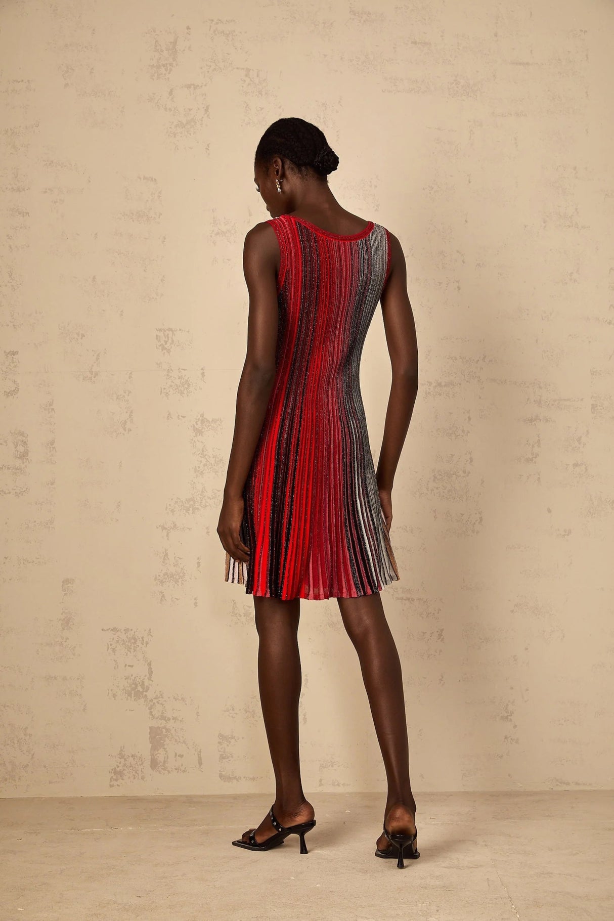 Debora Mini Dress Red Sequin Striped Knit & Metallic Pleated Chic Thigh - Length