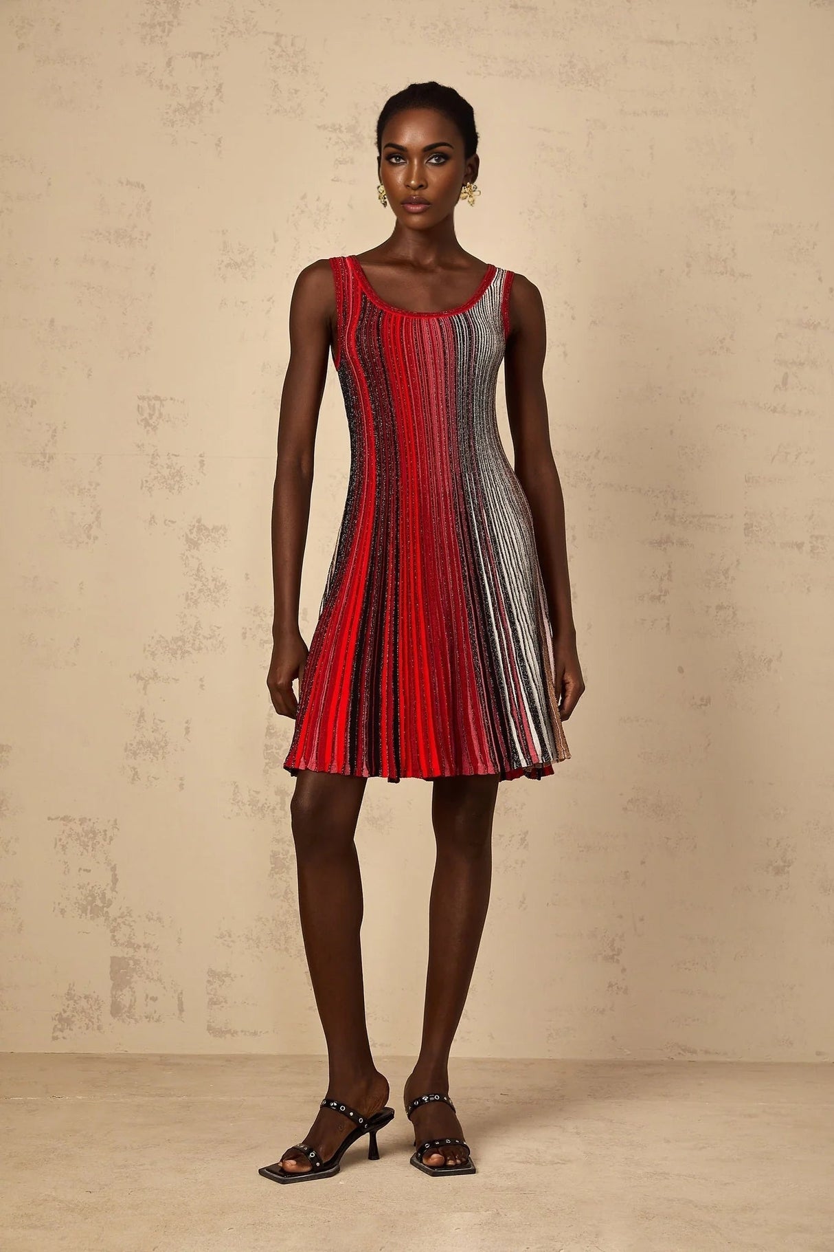 Debora Mini Dress Red Sequin Striped Knit & Metallic Pleated Chic Thigh - Length