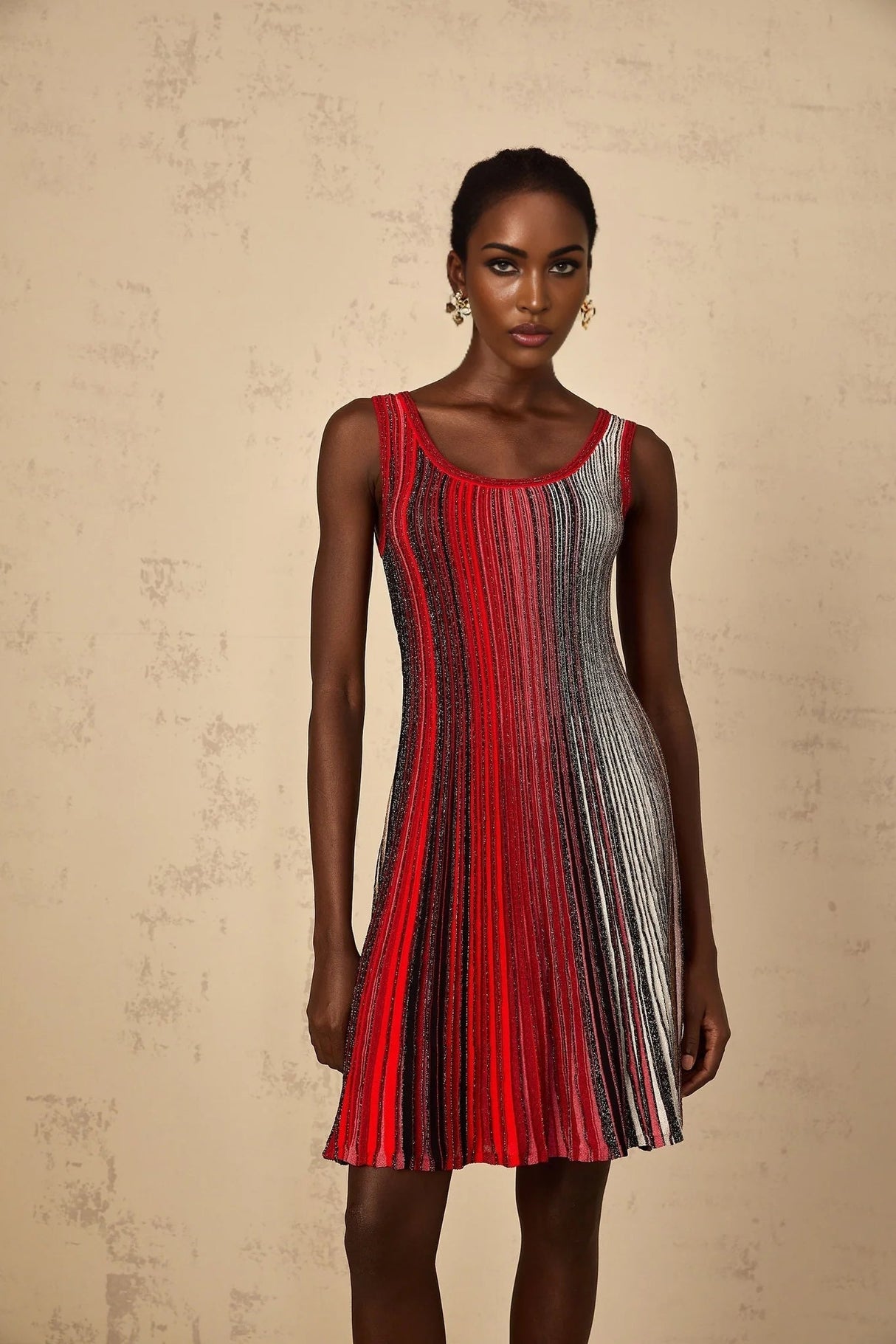 Debora Mini Dress Red Sequin Striped Knit & Metallic Pleated Chic Thigh - Length