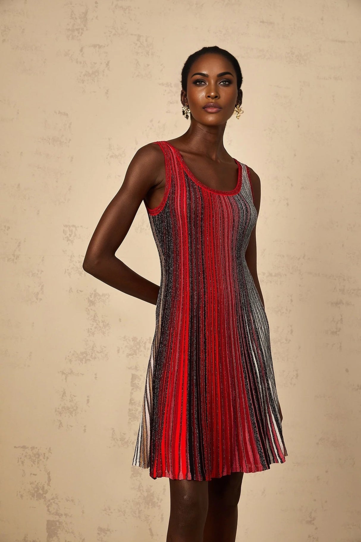 Debora Mini Dress Red Sequin Striped Knit & Metallic Pleated Chic Thigh - Length