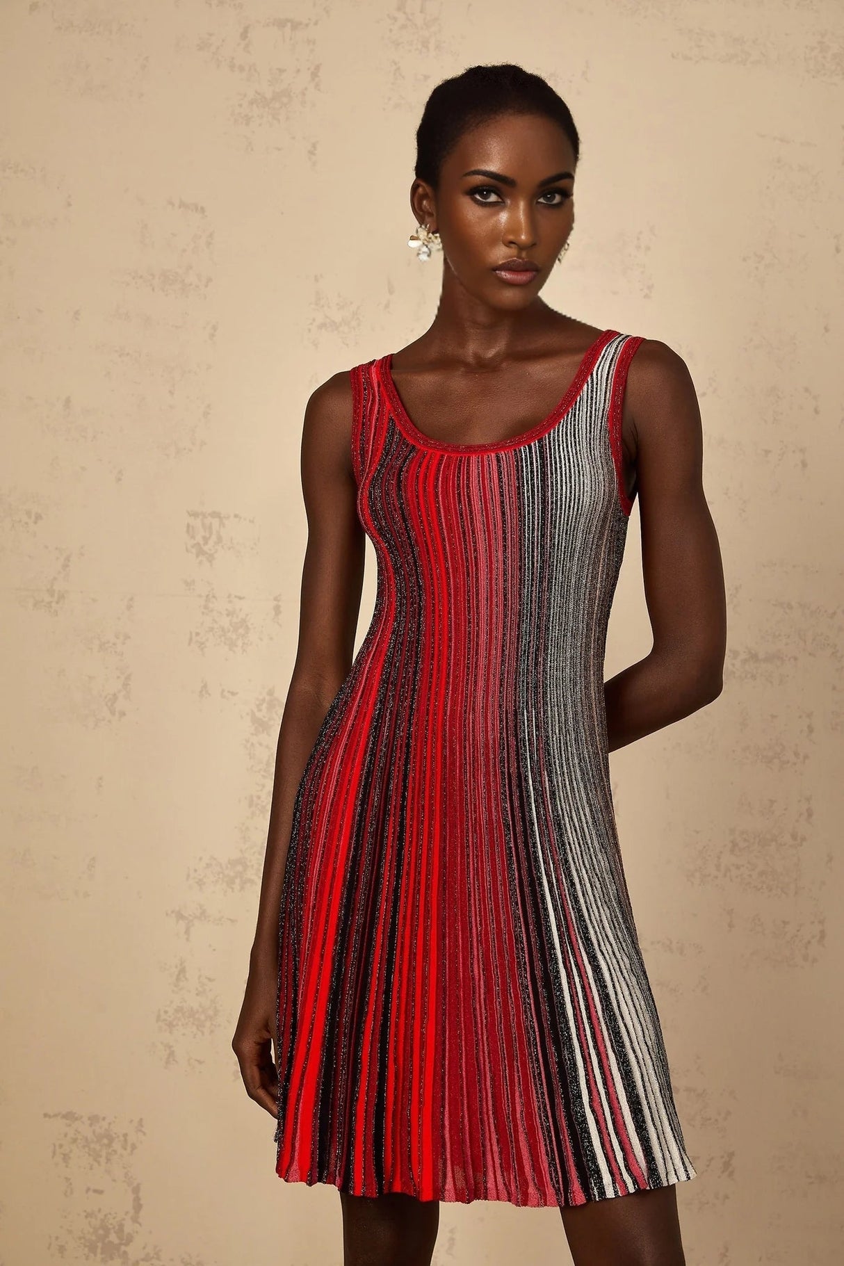 Debora Mini Dress Red Sequin Striped Knit & Metallic Pleated Chic Thigh - Length