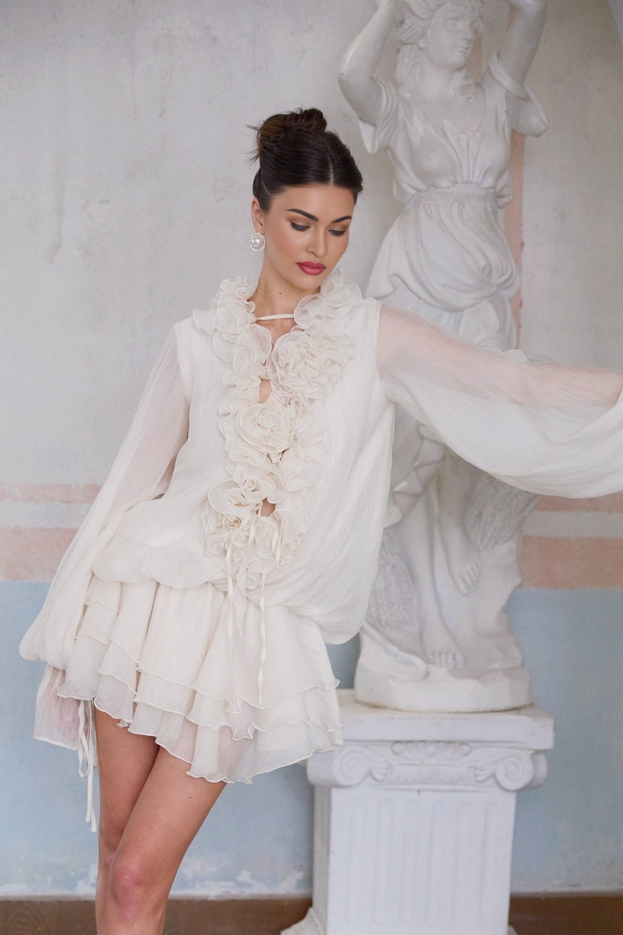 Debora Mini Dress – V - neck – Floral Appliqué – Ruffled Detailing