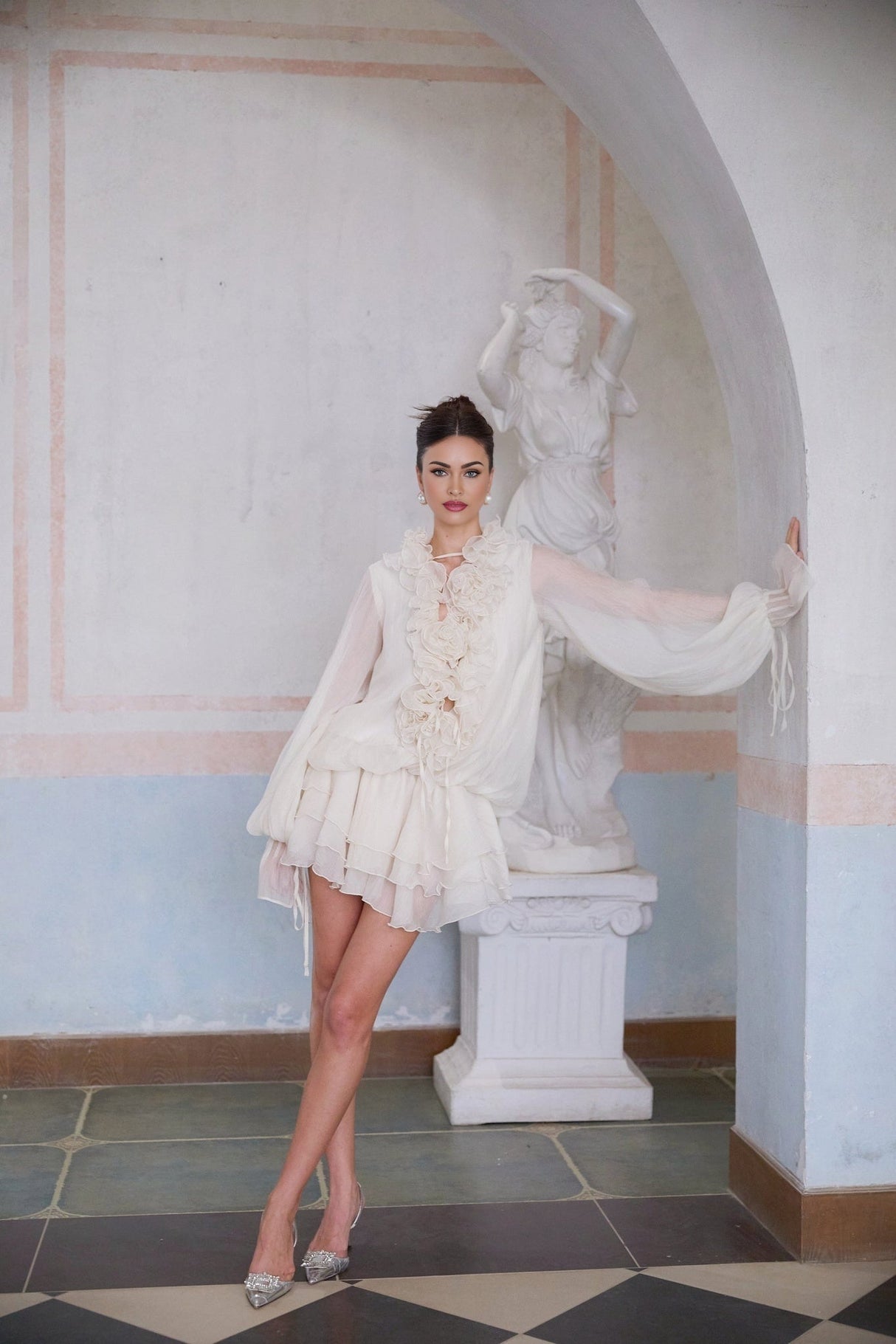 Debora Mini Dress – V - neck – Floral Appliqué – Ruffled Detailing