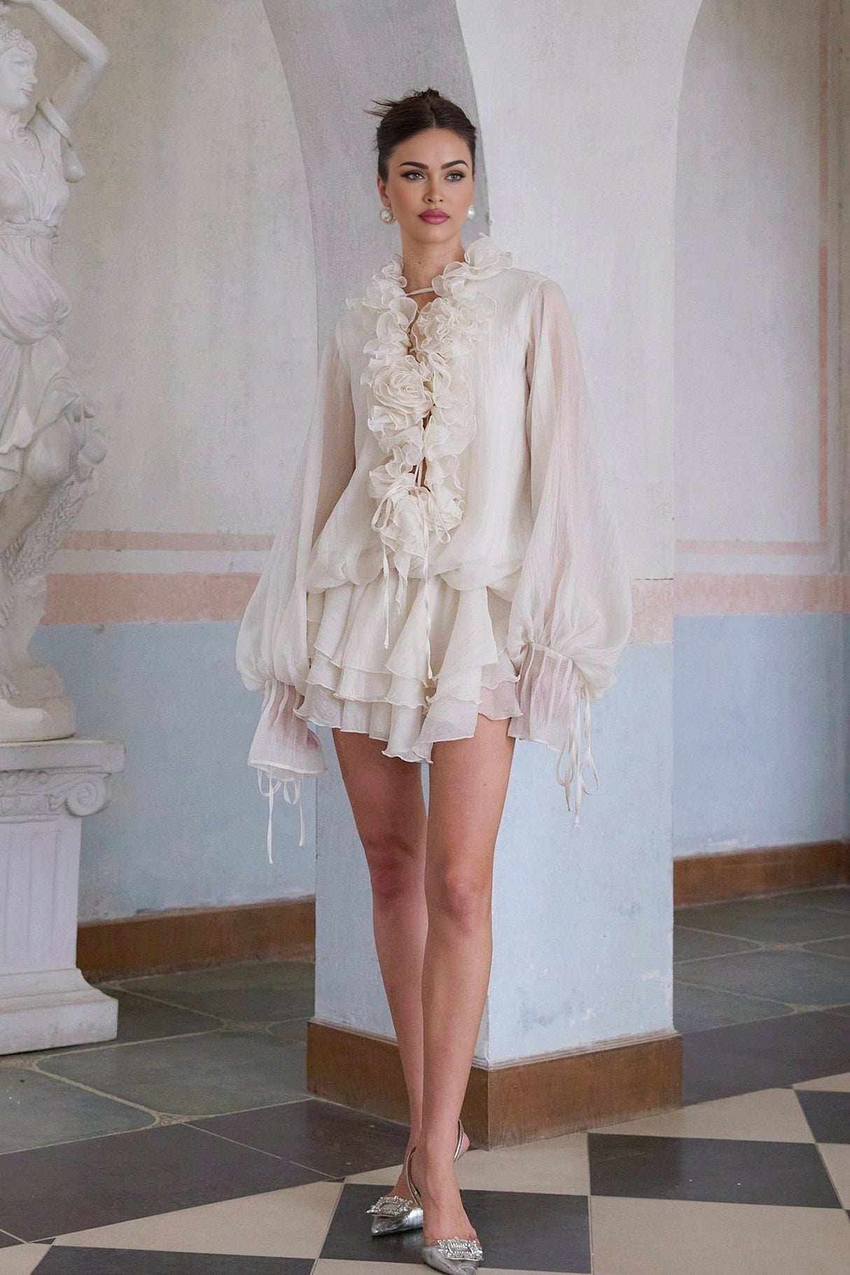 Debora Mini Dress – V - neck – Floral Appliqué – Ruffled Detailing