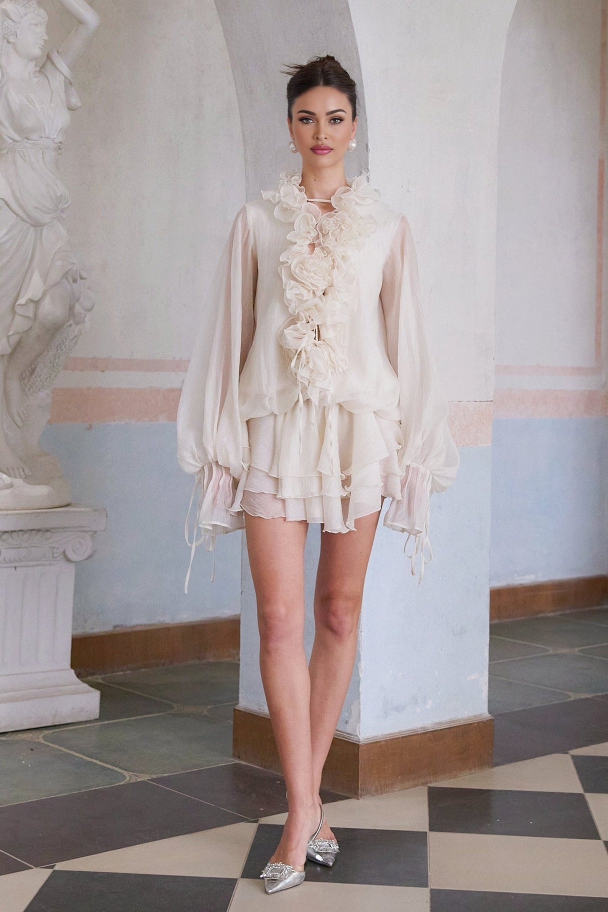 Debora Mini Dress – V - neck – Floral Appliqué – Ruffled Detailing