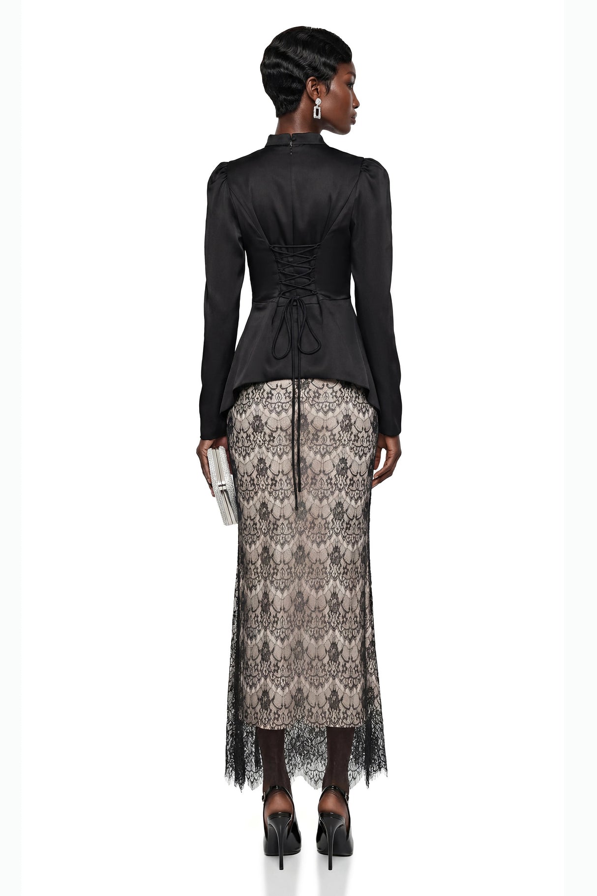 Deborah Black Mock Neck Maxi Dress with Lace Panels