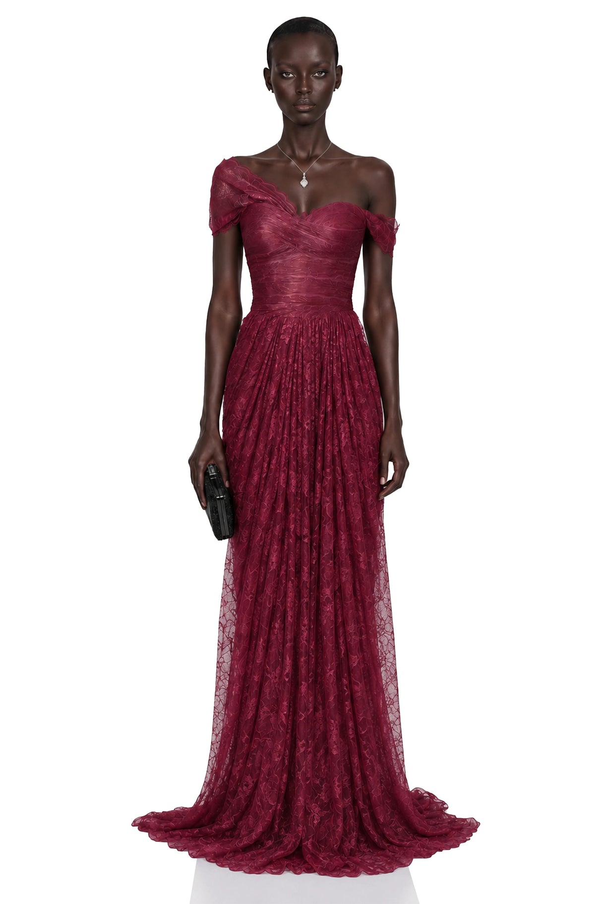 Defne Burgundy One Shoulder Ruched Lace Maxi Dress