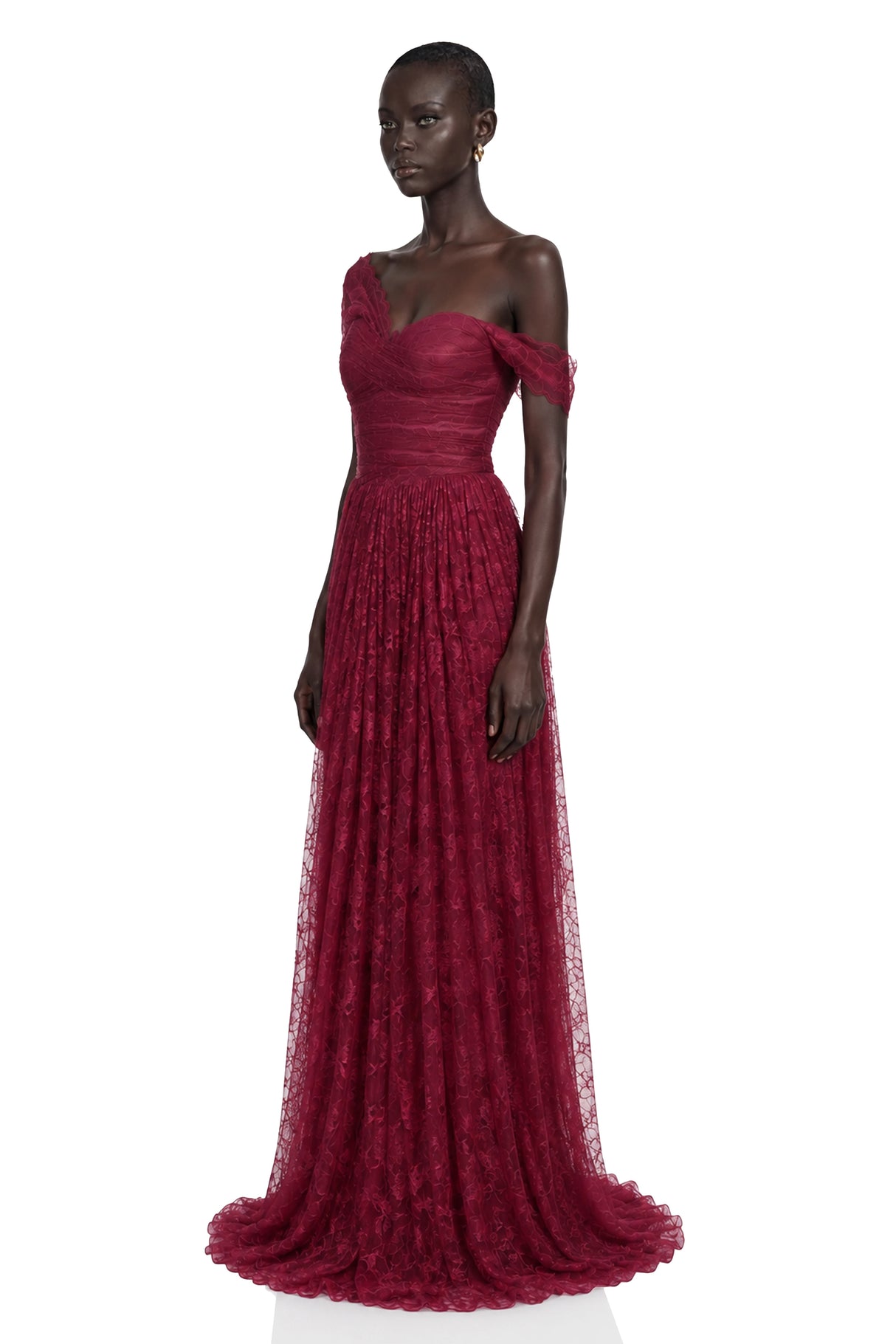 Defne Burgundy One Shoulder Ruched Lace Maxi Dress
