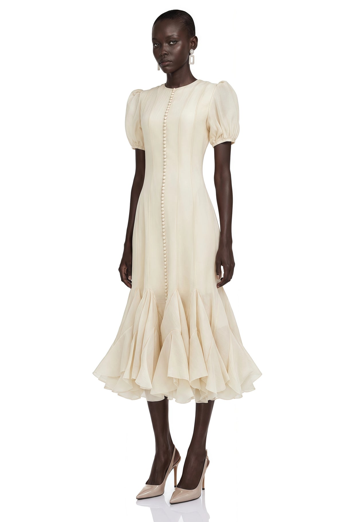 Defne Cream Ruffled Pleated Maxi Dress