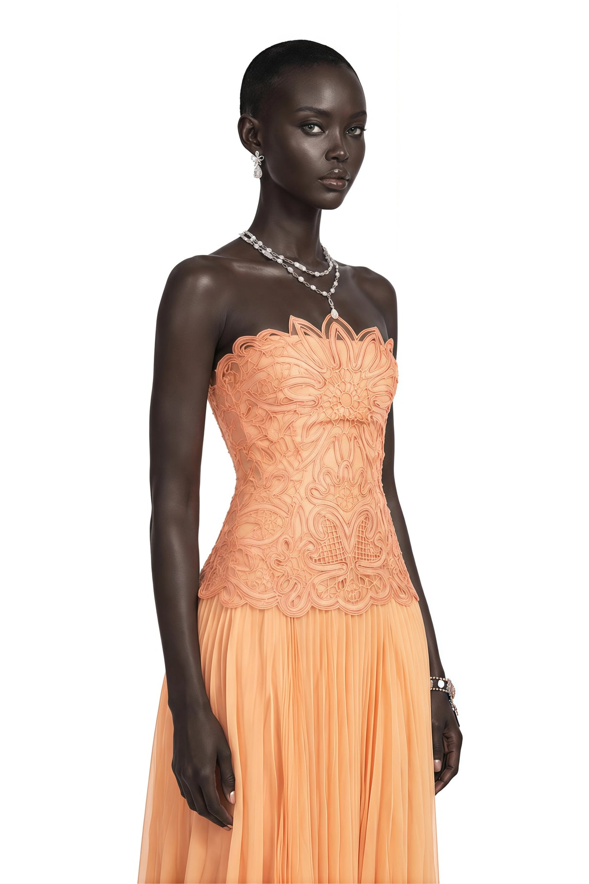 Defne Orange Pleated Maxi Dress with Floral Applique