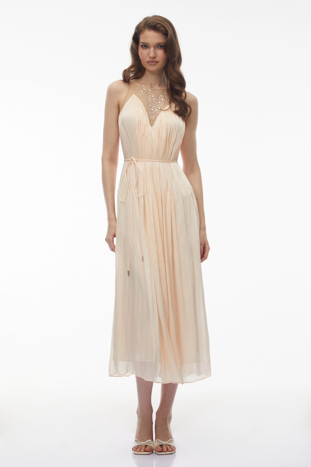 Deirdre Pink Embellishment Ruched Midi Dress