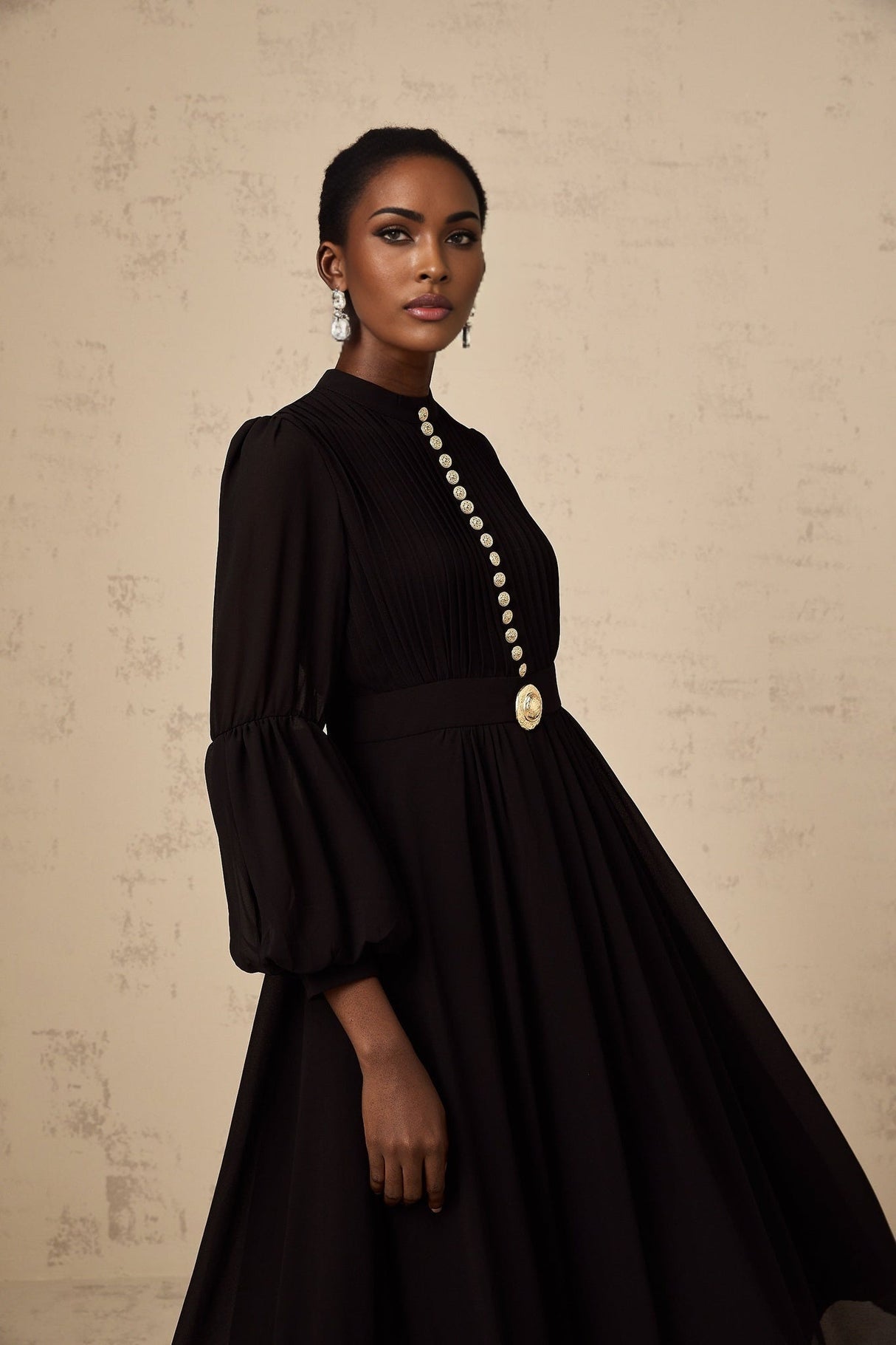 Delaney Midi Dress - Crew Neck - Balloon Sleeves - Cinched Waist - Pleated - tone Buttons