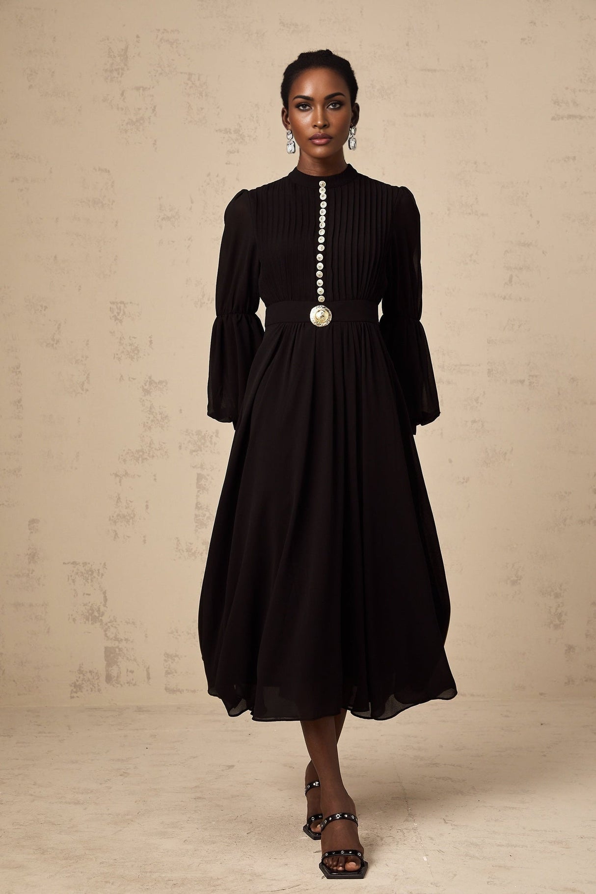 Delaney Midi Dress - Crew Neck - Balloon Sleeves - Cinched Waist - Pleated - tone Buttons