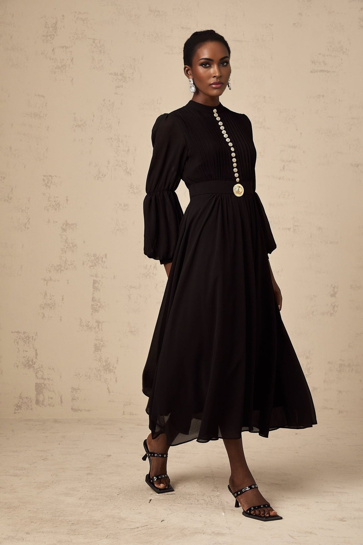 Delaney Midi Dress - Crew Neck - Balloon Sleeves - Cinched Waist - Pleated - tone Buttons