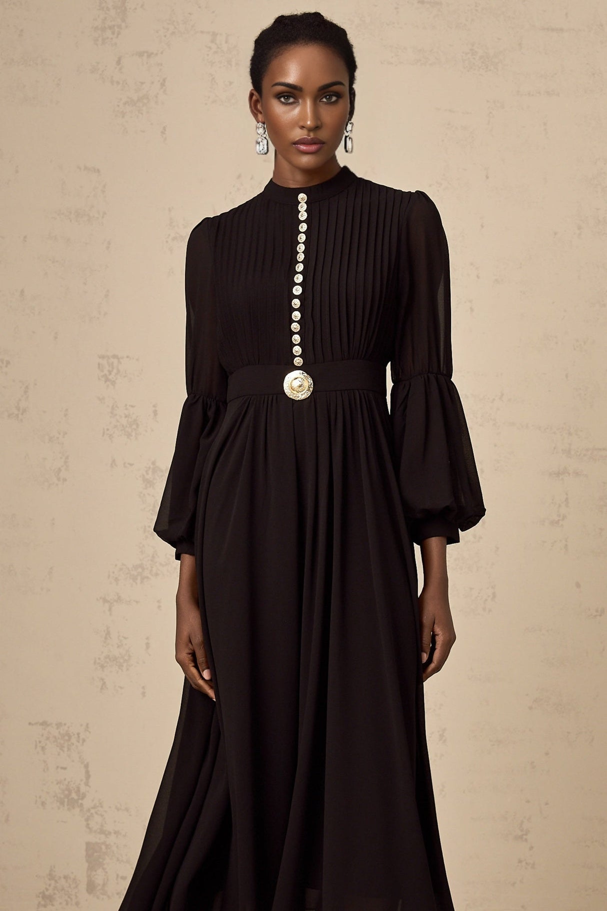 Delaney Midi Dress - Crew Neck - Balloon Sleeves - Cinched Waist - Pleated - tone Buttons