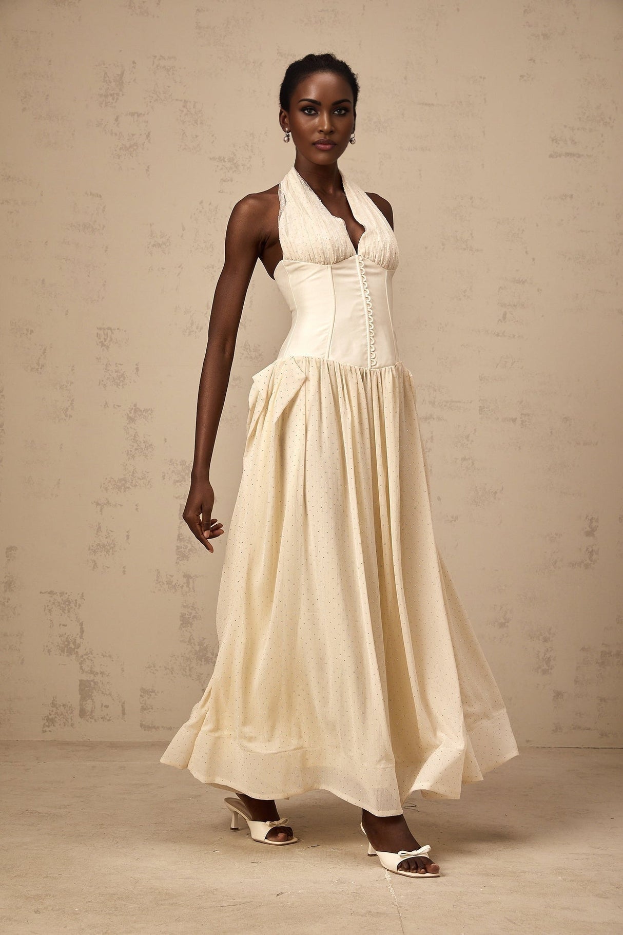 Delaney Midi Dress - Halterneck Sleeveless Tulle Cinched Waist Ankle - Length Zip Fastening