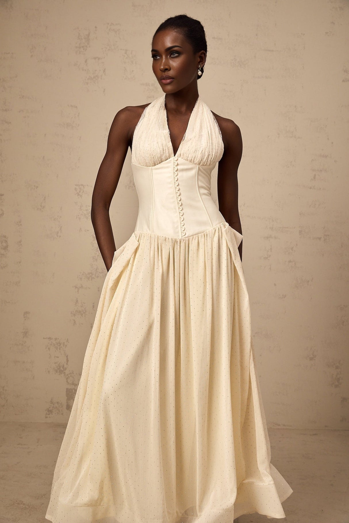 Delaney Midi Dress - Halterneck Sleeveless Tulle Cinched Waist Ankle - Length Zip Fastening