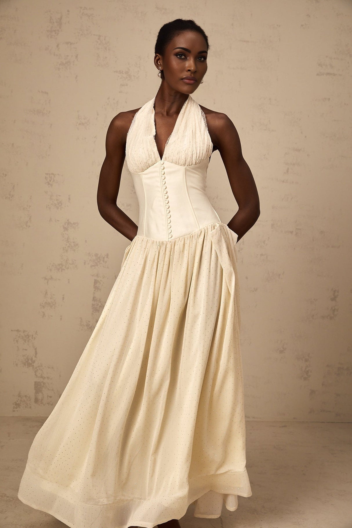 Delaney Midi Dress - Halterneck Sleeveless Tulle Cinched Waist Ankle - Length Zip Fastening