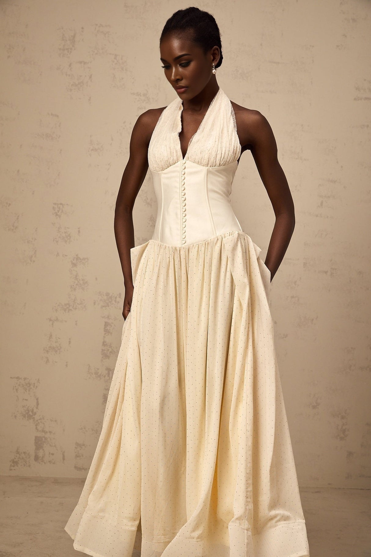 Delaney Midi Dress - Halterneck Sleeveless Tulle Cinched Waist Ankle - Length Zip Fastening