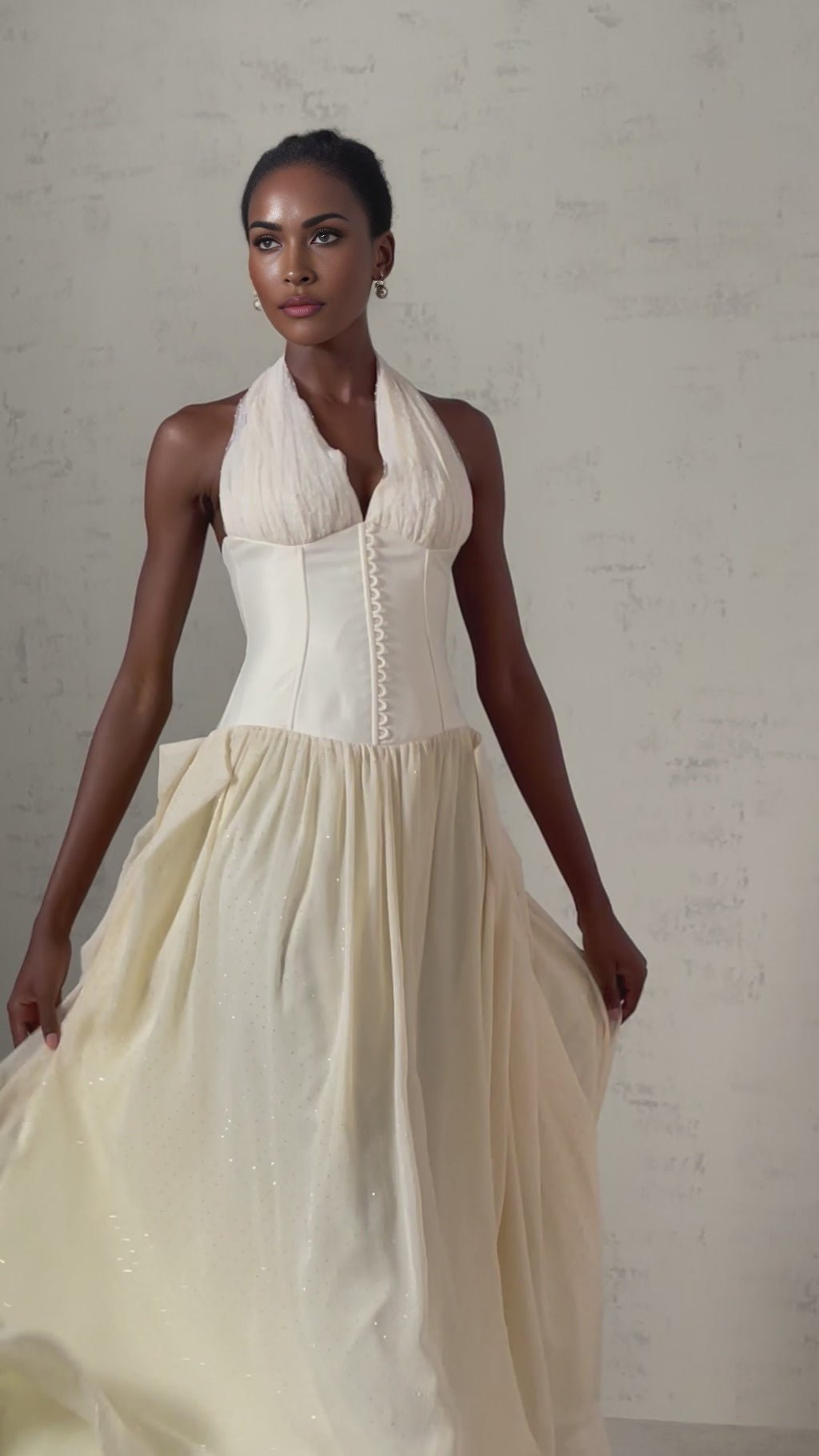 Delaney Midi Dress - Halterneck Sleeveless Tulle Cinched Waist Ankle - Length Zip Fastening