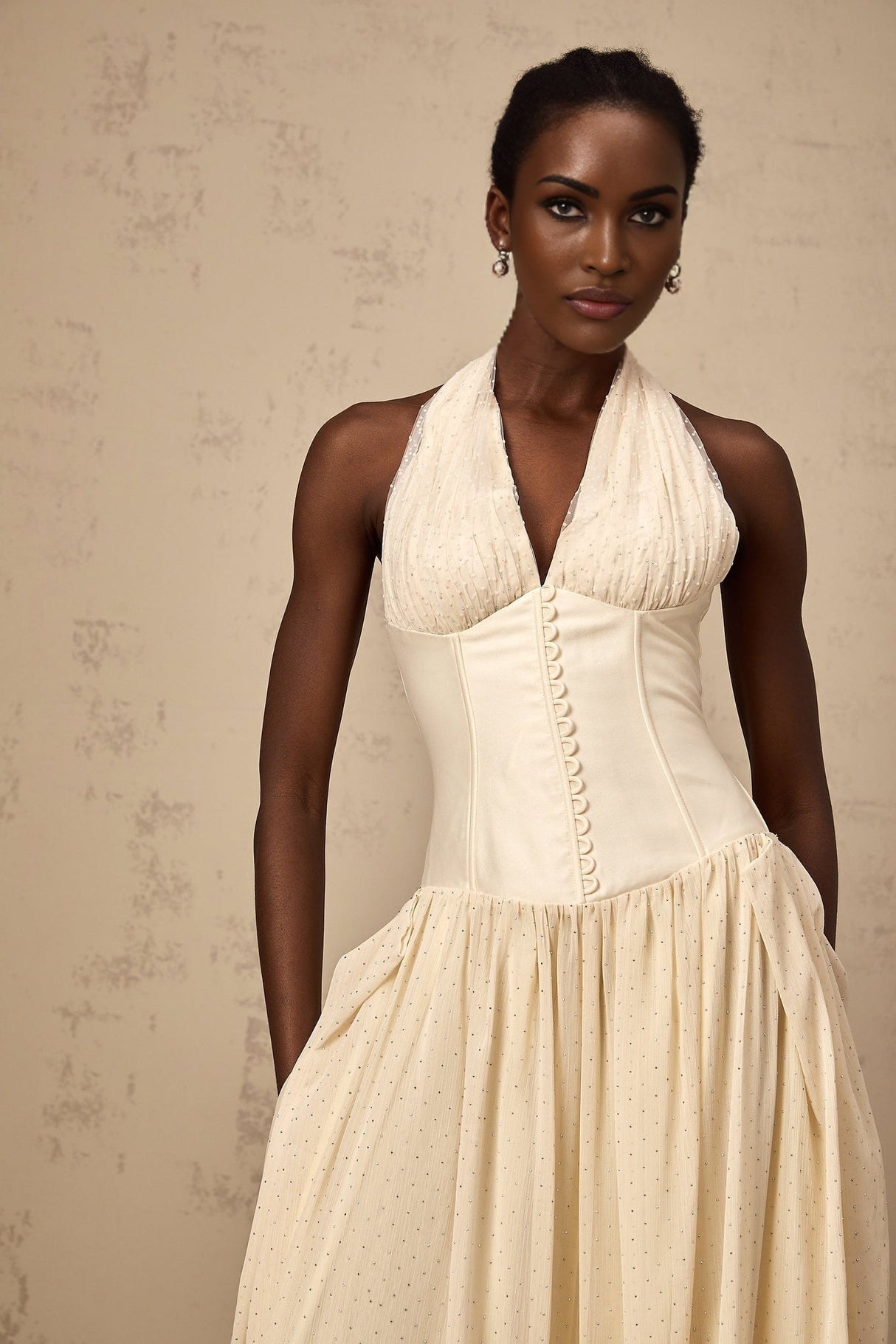 Delaney Midi Dress - Halterneck Sleeveless Tulle Cinched Waist Ankle - Length Zip Fastening