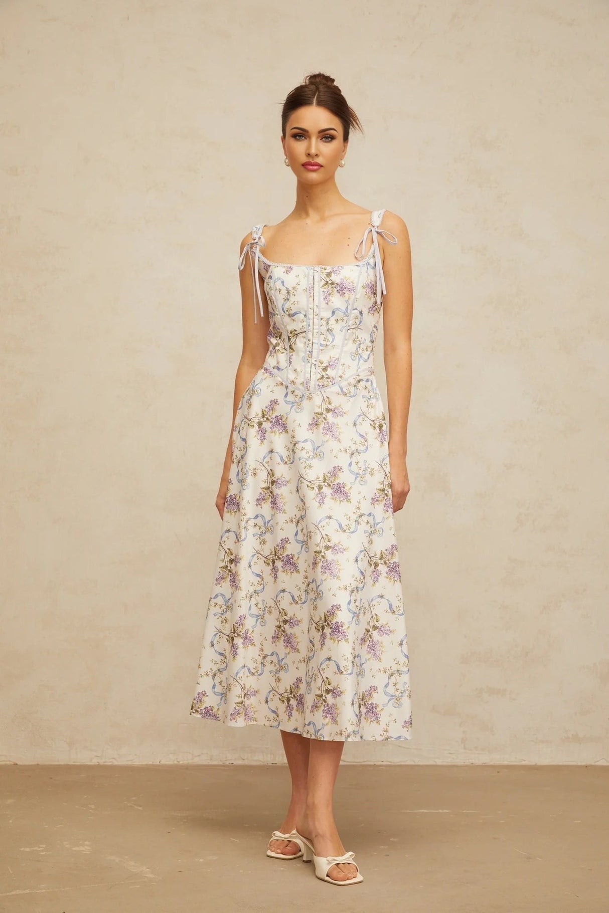 Delaney Midi Dress White Floral Print Boned Bodice & Lace - Up Closure
