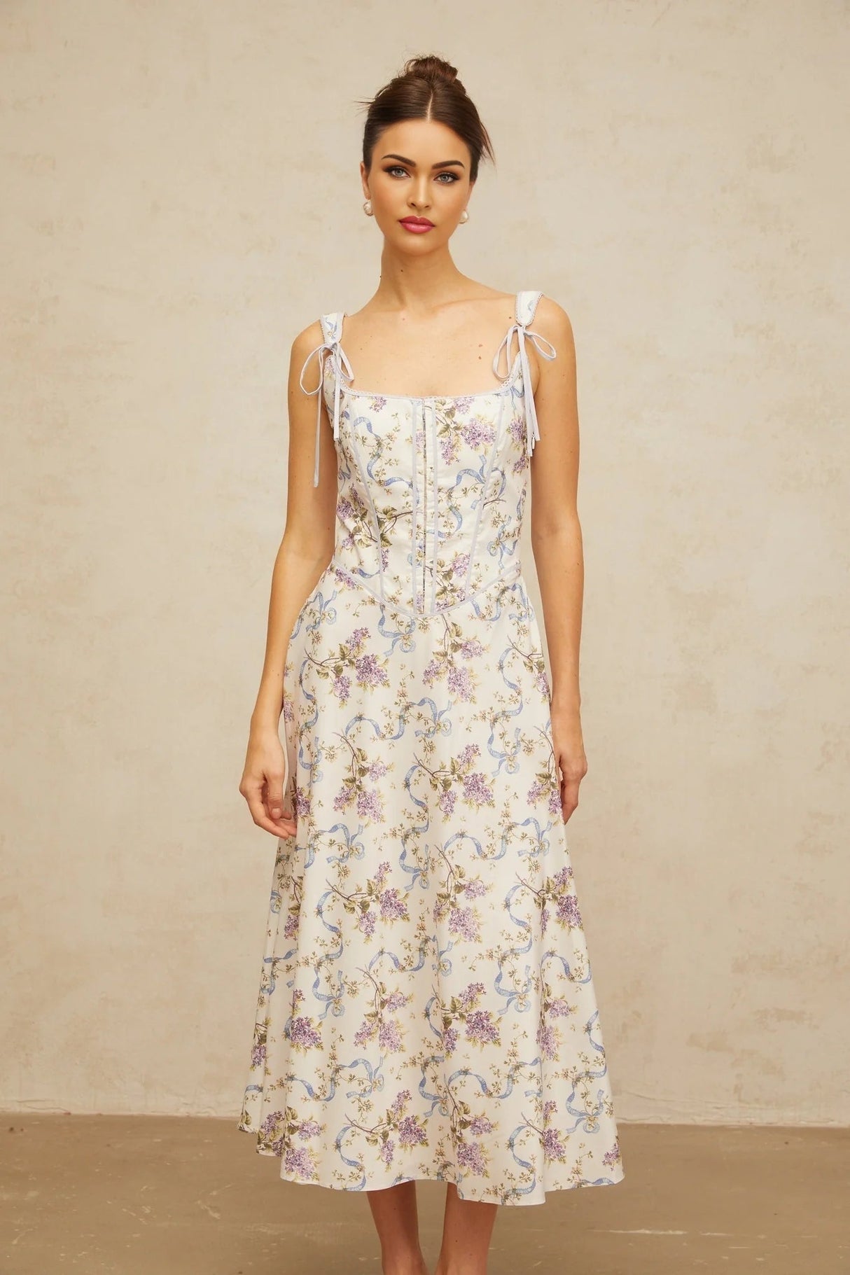 Delaney Midi Dress White Floral Print Boned Bodice & Lace - Up Closure