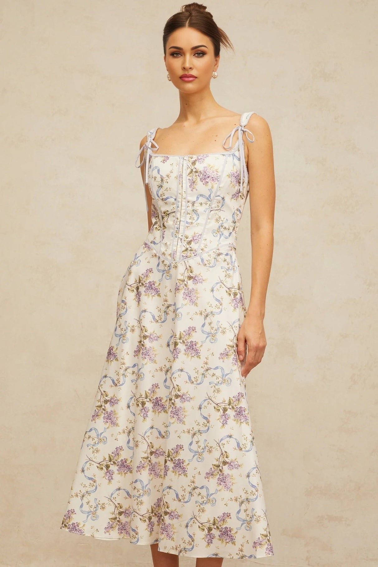 Delaney Midi Dress White Floral Print Boned Bodice & Lace - Up Closure