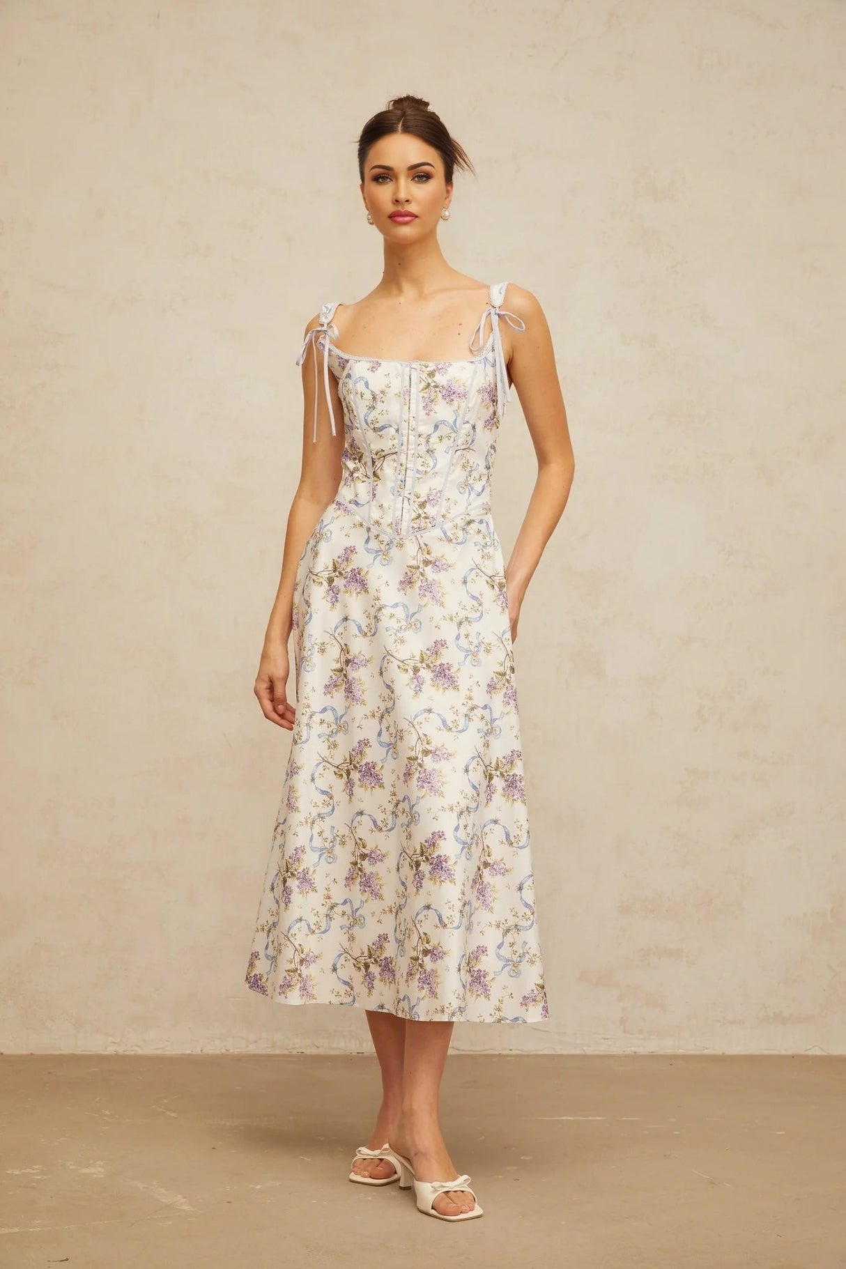 Delaney Midi Dress White Floral Print Boned Bodice & Lace - Up Closure