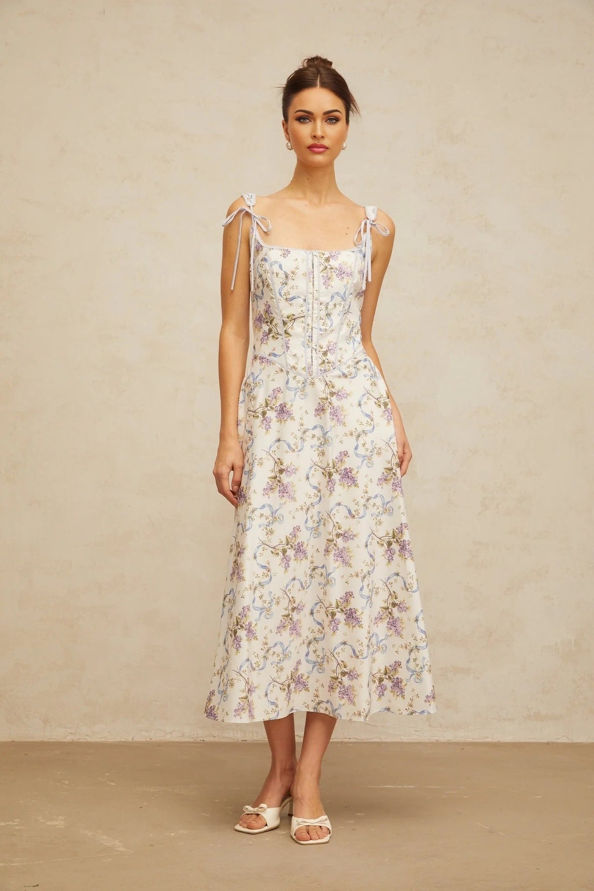 Delaney Midi Dress White Floral Print Boned Bodice & Lace - Up Closure