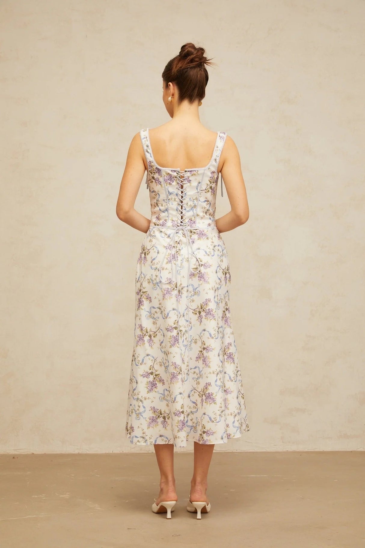 Delaney Midi Dress White Floral Print Boned Bodice & Lace - Up Closure