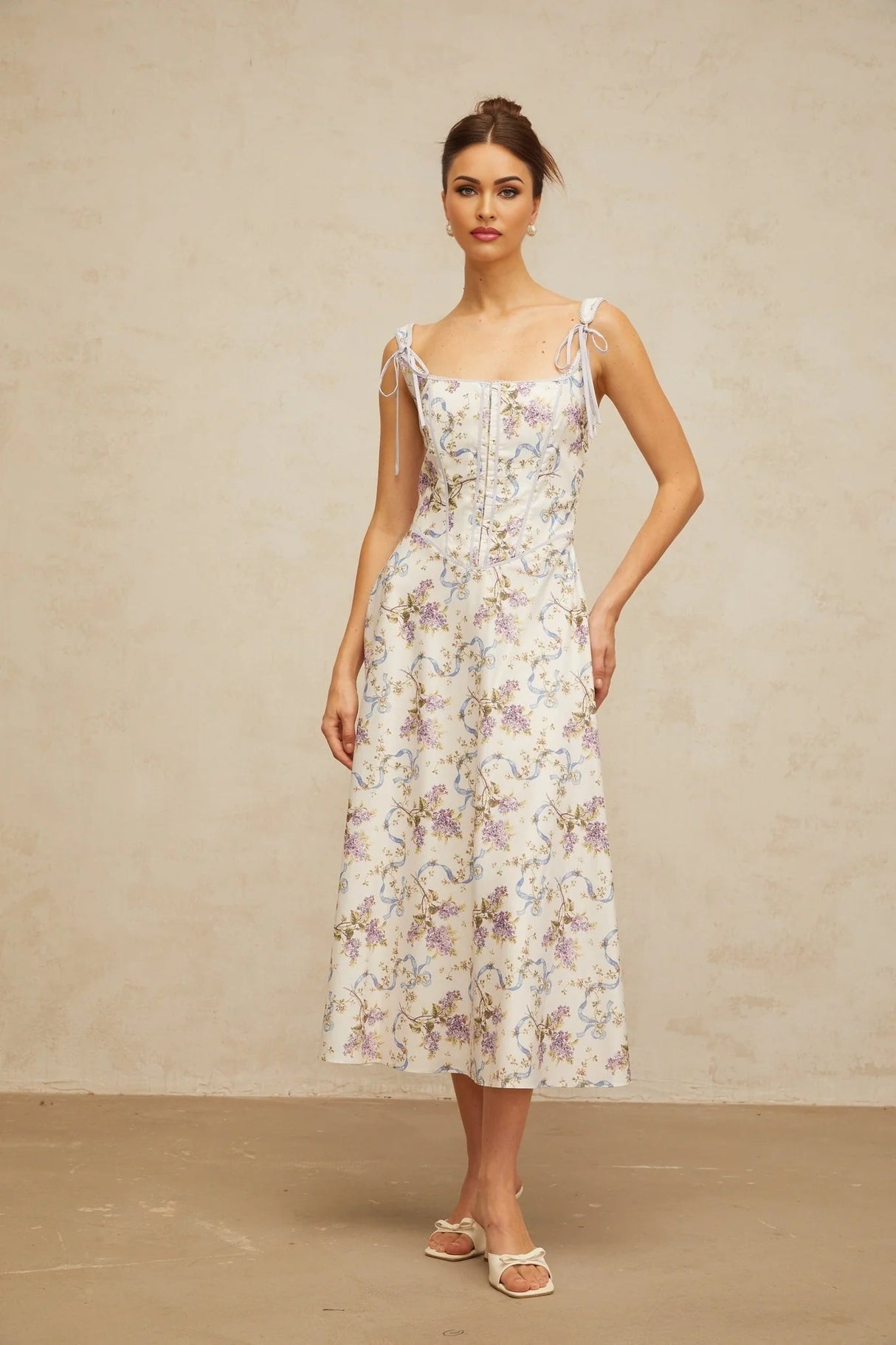 Delaney Midi Dress White Floral Print Boned Bodice & Lace - Up Closure