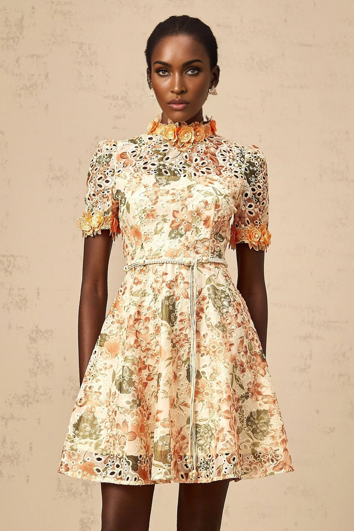 Delaney Mini Dress Orange Flower Embroidered Pearl Detail & Cut - Out