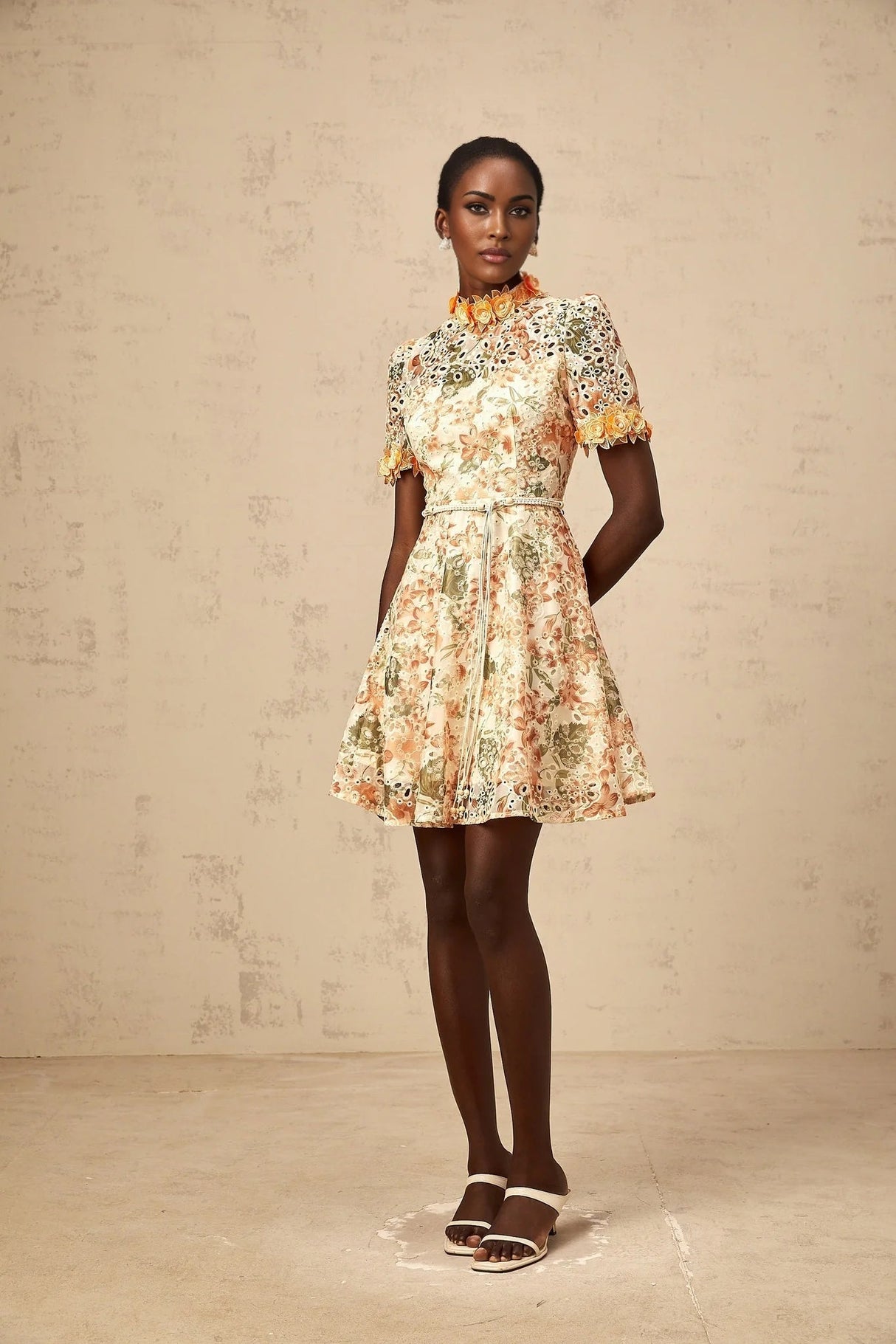 Delaney Mini Dress Orange Flower Embroidered Pearl Detail & Cut - Out