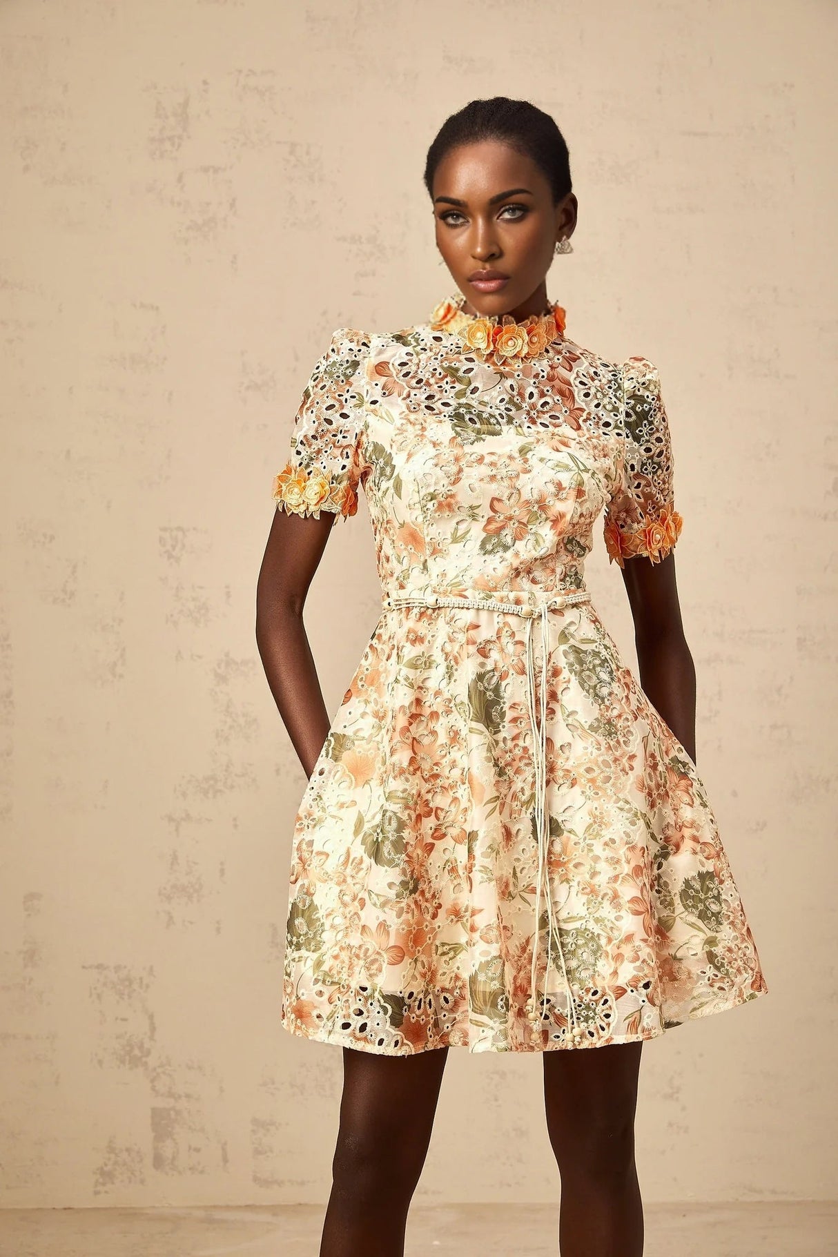 Delaney Mini Dress Orange Flower Embroidered Pearl Detail & Cut - Out