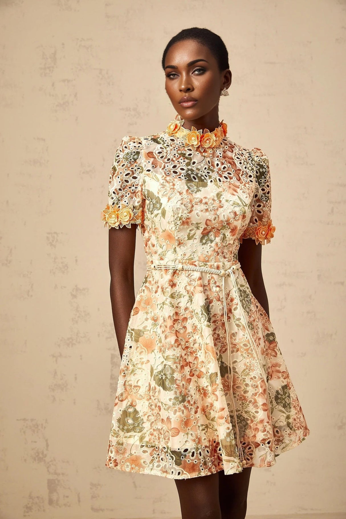 Delaney Mini Dress Orange Flower Embroidered Pearl Detail & Cut - Out