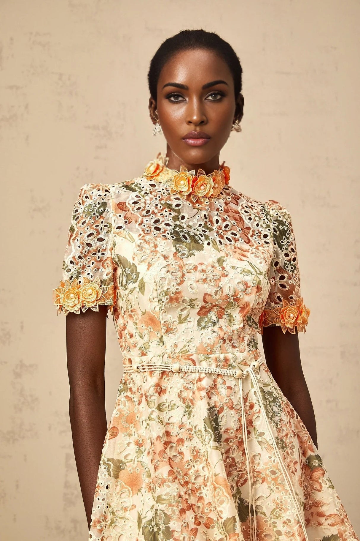 Delaney Mini Dress Orange Flower Embroidered Pearl Detail & Cut - Out