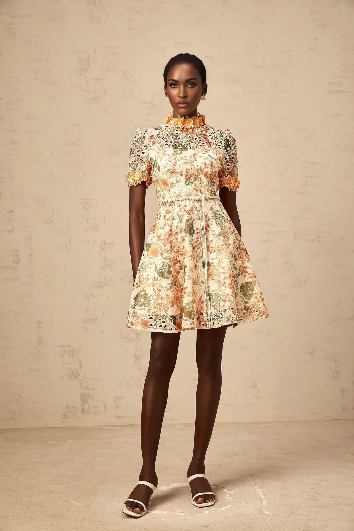 Delaney Mini Dress Orange Flower Embroidered Pearl Detail & Cut - Out