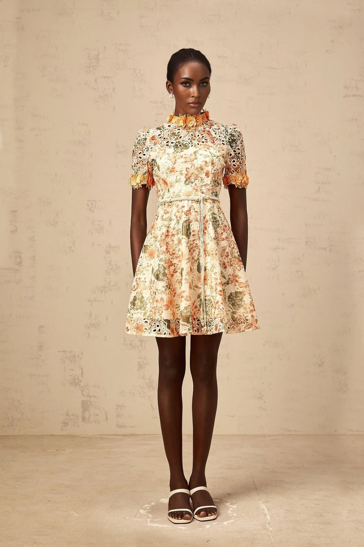 Delaney Mini Dress Orange Flower Embroidered Pearl Detail & Cut - Out