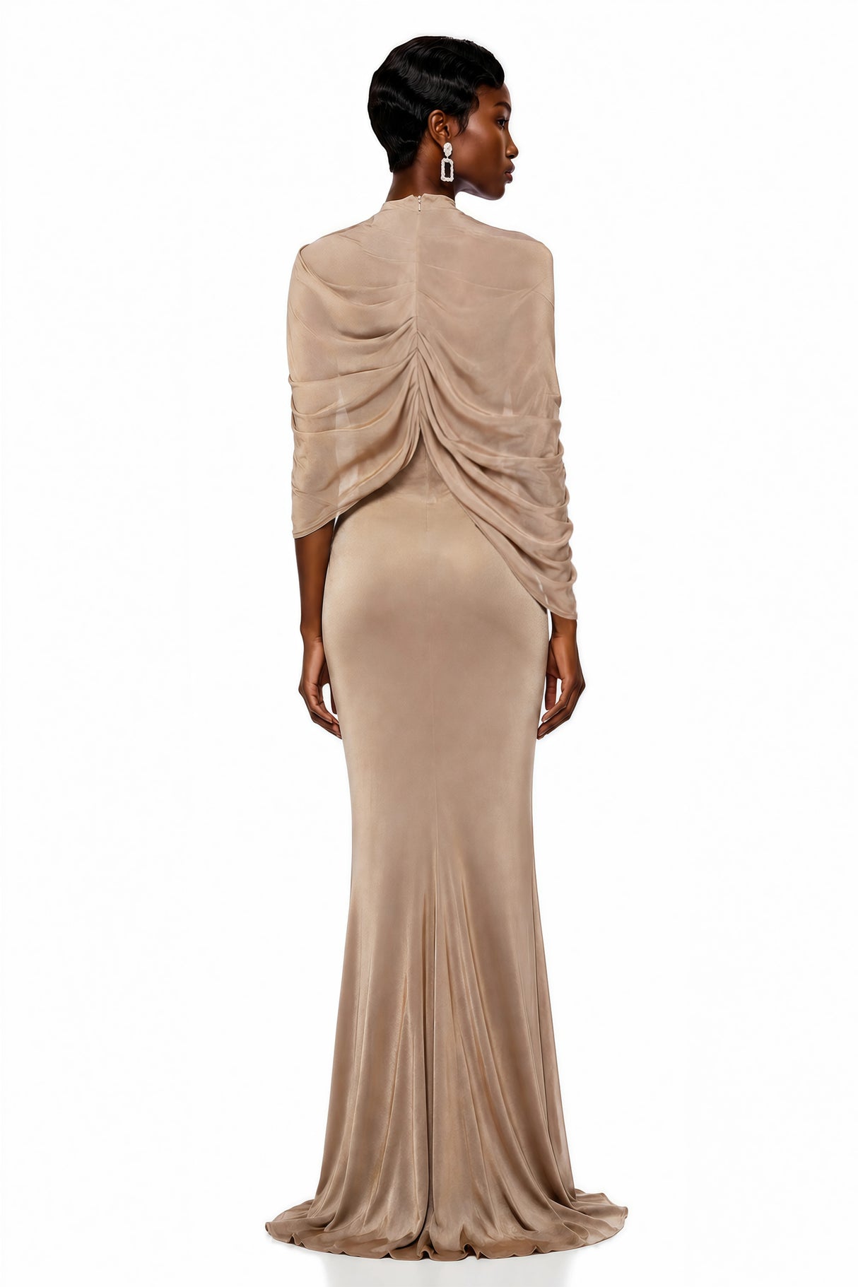 Delfina Beige Draped Cape Asymmetrical Maxi Dress