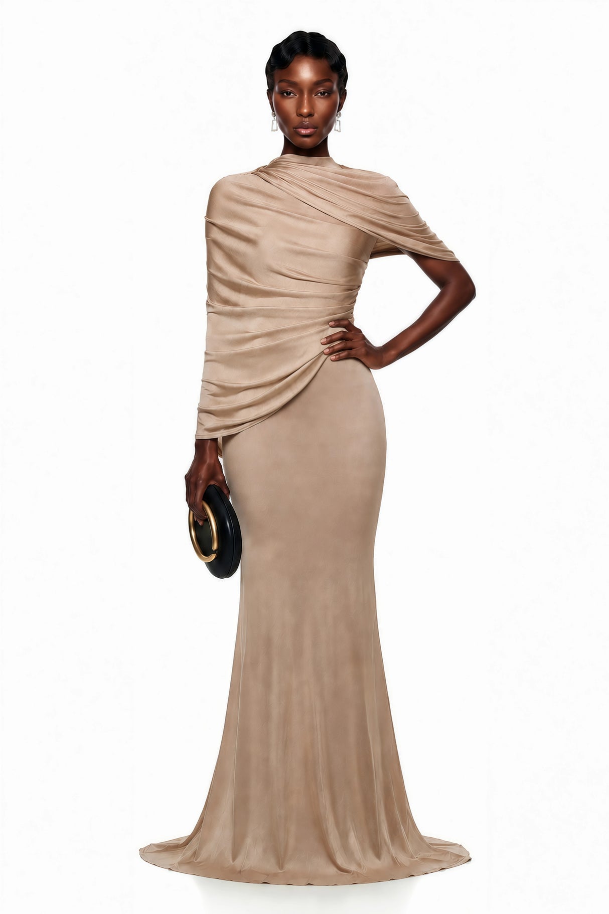 Delfina Beige Draped Cape Asymmetrical Maxi Dress