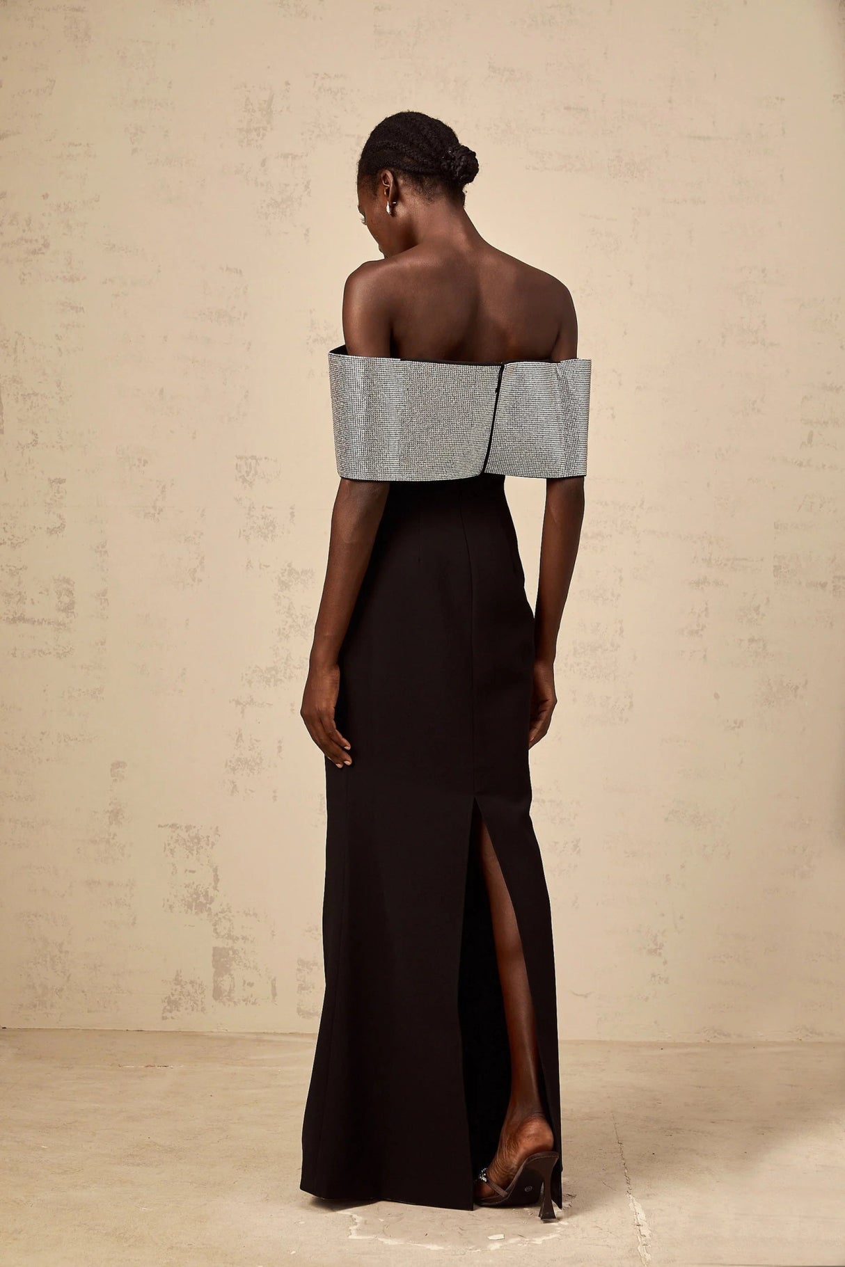 Delia Maxi Dress Black Silver Rhinestone Bow Off - Shoulder Charm