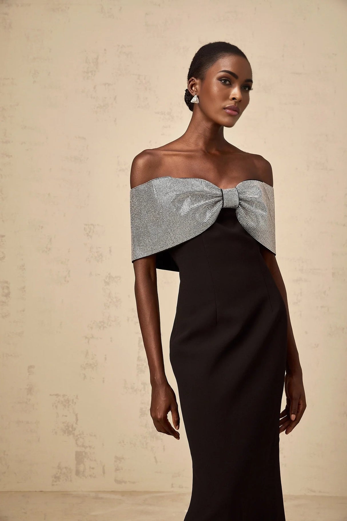 Delia Maxi Dress Black Silver Rhinestone Bow Off - Shoulder Charm