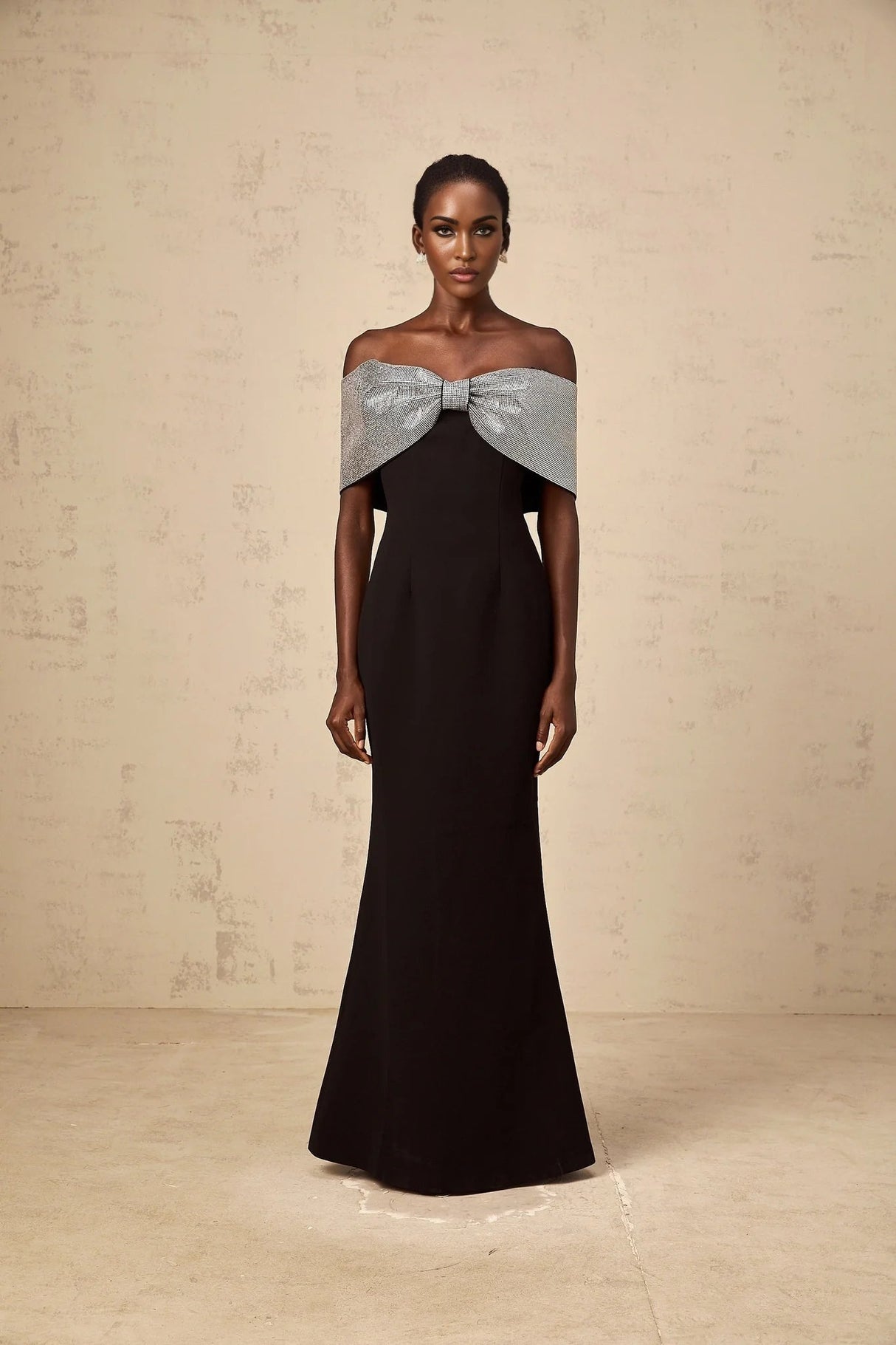 Delia Maxi Dress Black Silver Rhinestone Bow Off - Shoulder Charm