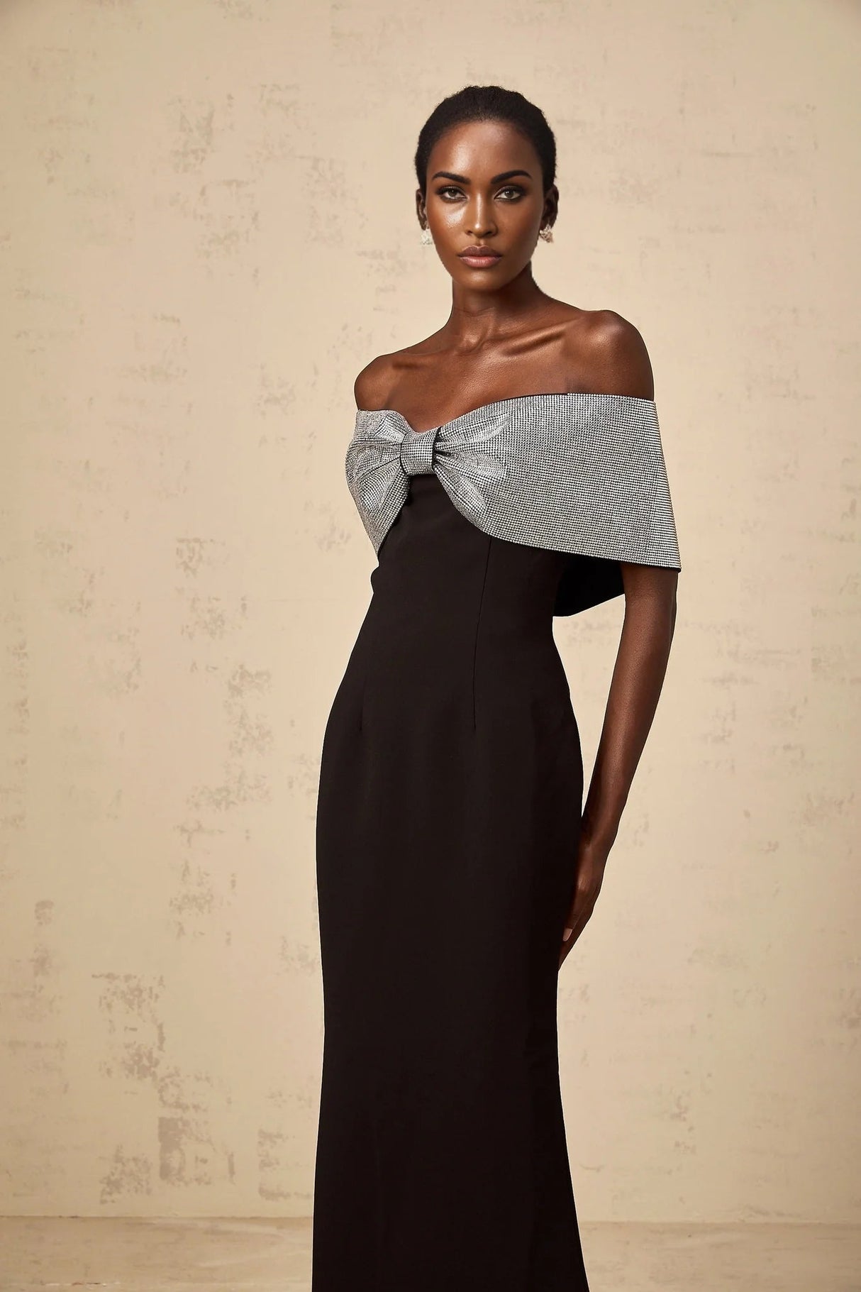 Delia Maxi Dress Black Silver Rhinestone Bow Off - Shoulder Charm