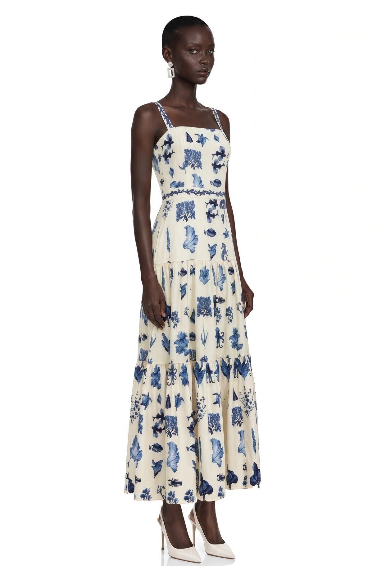 Delilah Blue Floral Print Midi Dress with Spaghetti Straps